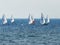 A group of sportsmans on small sailing yachts trains on the Mediterranean Sea near the coast of Nahariyya in Israel