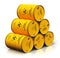 Group of stacked yellow drums with radioactive waste isolated on