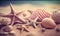 a group of starfish and seashells on a sandy beach