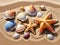 A Group Of Starfish And Seashells On A Sandy Beach. Generative AI