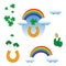 A group of sticker elements for celebrating St. Patrick`s Day, Green Clover Festival, Rainbow and Horseshoe as a sign of the Iris