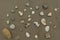 Group of stones of different colors and textures on an empty beach during the day