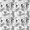 Group street musicians and birds seamless monochrome pattern