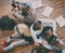 Group of students reading books, writing in notebooks