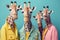 Group studio portrait of body-positive giraffes in the clothes, created with Generative AI technology