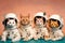 Group studio portrait of cats dressed as astronauts created with Generative AI technology