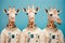 Group studio portrait of giraffes dressed as astronaut, created with Generative AI technology