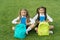 Group study outdoors girls classmates with backpacks, happy students concept