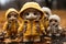 a group of stuffed animals dressed in yellow coats