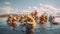 A group of stuffed animals playing music in the water. Generative AI image.