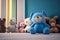 Group of stuffed animals sitting in front of blue wall. Generative AI