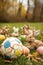A group of stuffed rabbits sitting on the grass next to a soccer ball, AI