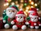 A Group Of Stuffed Santas Sitting Next To A Christmas Tree. Generative AI