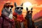 Group of stylish llamas lounging in the countryside during the day. Cartoon Inspirations