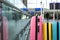 Group of stylish suitcases in airport terminal