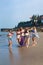 group of stylish young women in bikini posing