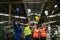 Group of Successful multiethnic engineer and technician worker throwing a hard hat in the Industry manufacturing factory