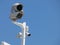 A group of surveillance cameras on a pole.