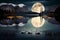 Group of swans enjoy the silence of the night in the illumination of the moon. AI generated