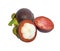 Group of sweet Purple Mangosteens fruits, a part of half fruit peeled, isolated photo with clipping path, dicut on white