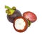 Group of sweet Purple Mangosteens fruits, a part of half fruit peeled, isolated photo with clipping path, dicut on white