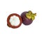 Group of sweet Purple Mangosteens fruits, a part of half fruit peeled, isolated photo with clipping path, dicut on white