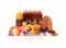 Group of sweets, pastries and confectionery. Cake, bread, donuts, cookies, chocolate, sweets, lollipops isolated on