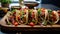 a group of tacos on a wooden board
