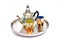 Group of teapot and glasses of oriental tea on a tray on white background