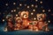 Group of teddy bears covered in glowing lights , in a christmas scene