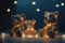 Group of teddy bears covered in glowing lights , in a christmas scene