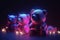 Group of teddy bears covered in glowing lights , in a christmas scene