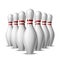 Group of ten bowling pins. Skittles with red stripes for Sport competition or Activity and fun game.