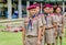 Group of Thai boyscout stands lining in the school`s soccer field for learning scout camping activity. Pranburi, Thailand June 7,
