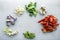 Group of Thai herb on white plate for cooking Thai food.