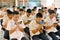 A group of Thai student in their school uniform is praying to th