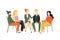 Group therapy concept.. Men and women sitting on chairs and talking to psychotherapist. Vector flat cartoon illustration