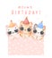 Group of three adorable kitten cats different breeds Meowy birthday watercolor illustration greeting card