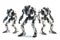 group of three futuristic high-tech humanoid anthropomorphic robots on white background, neural network generated image