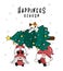 Group of Three Gnome carrying pine Christmas tree and cat, happiness season, merry Christmas and Happy New Year, cartoon hand draw