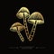 A group of three golden toxic magical hallucinogenic mushrooms. Golden drawing sticker of psilocybin mushrooms. Hand drawn