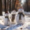 Group of Three Happy Snowmen on the Snow, in the Morning Sun