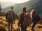 A group of three hikers journeying along a mountain trail, with a stunning view of the valley unfolding below them.