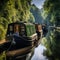 group of three narrowboats tied up on the river side with still water in the UK,