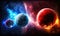 a group of three planets in a space with a red and blue background