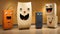 A group of three refrigerators with faces painted on them. Generative AI image.