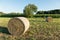 Group of three round bales of hay harvested in a field.