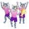 Group of three snow leopard girls in sport uniform cheering with gold goblet