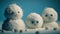 a group of three snowmen sitting next to each other. generative ai