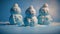 a group of three snowmen sitting in the snow together. generative ai